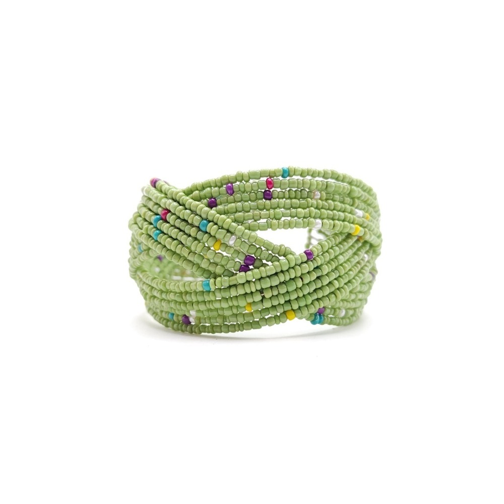 Green Seed Bead Coil Bracelet‎ Boho Multi Strand Cuff